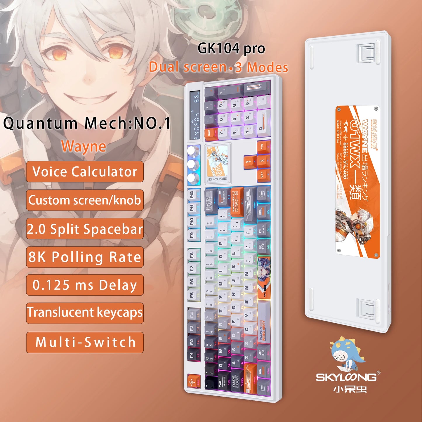 SKYLOONG GK104 Pro Full-Size 3-Mode Wireless Mechanical Keyboard with 2.0 Screen 3 Knobs Hot-Swappable Side-Engraved PBT keycaps