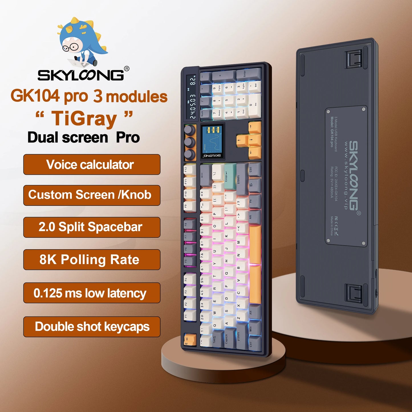 SKYLOONG GK104 Pro Full-Size 3-Mode Wireless Mechanical Keyboard with 2.0 Screen 3 Knobs Hot-Swappable Side-Engraved PBT keycaps