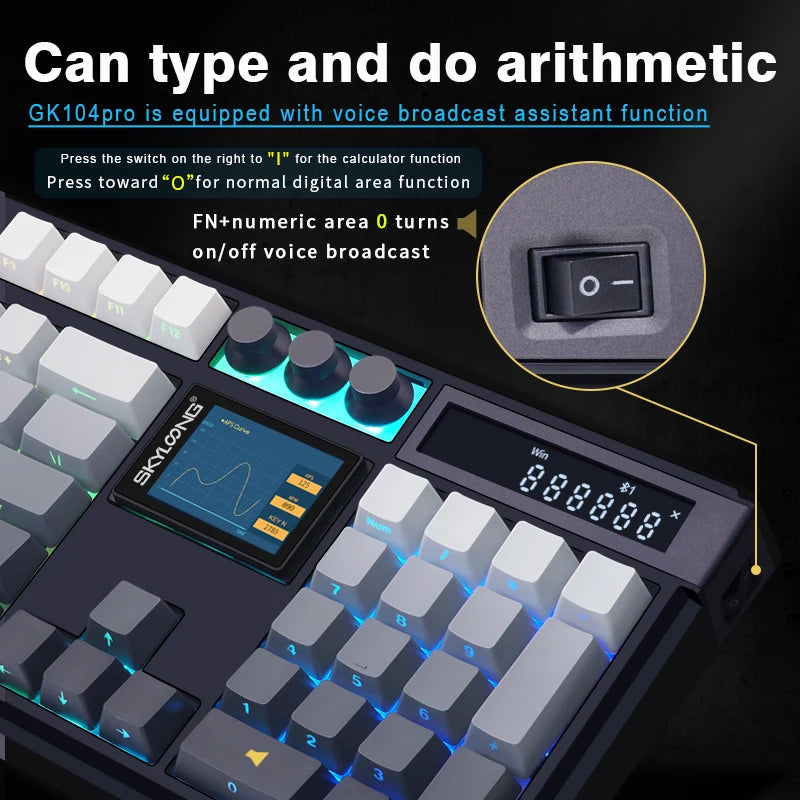 SKYLOONG GK104 Pro Full-Size 3-Mode Wireless Mechanical Keyboard with 2.0 Screen 3 Knobs Hot-Swappable Side-Engraved PBT keycaps