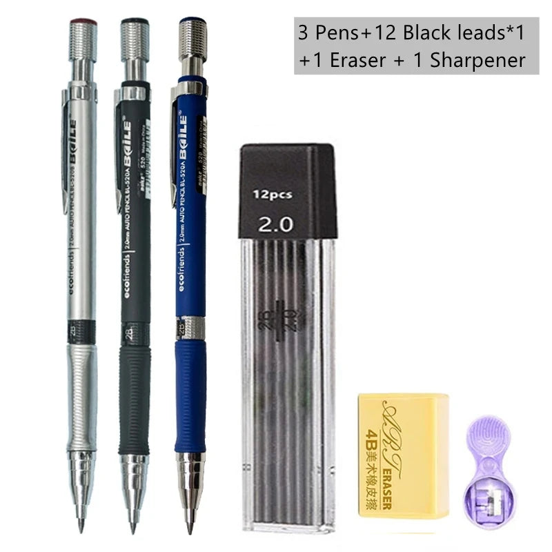 Mechanical Pencil Set 2.0 mm with 2B Black/Colors Lead Refill For Writing Sketching Art Drawing Painting School Automatic Pencil