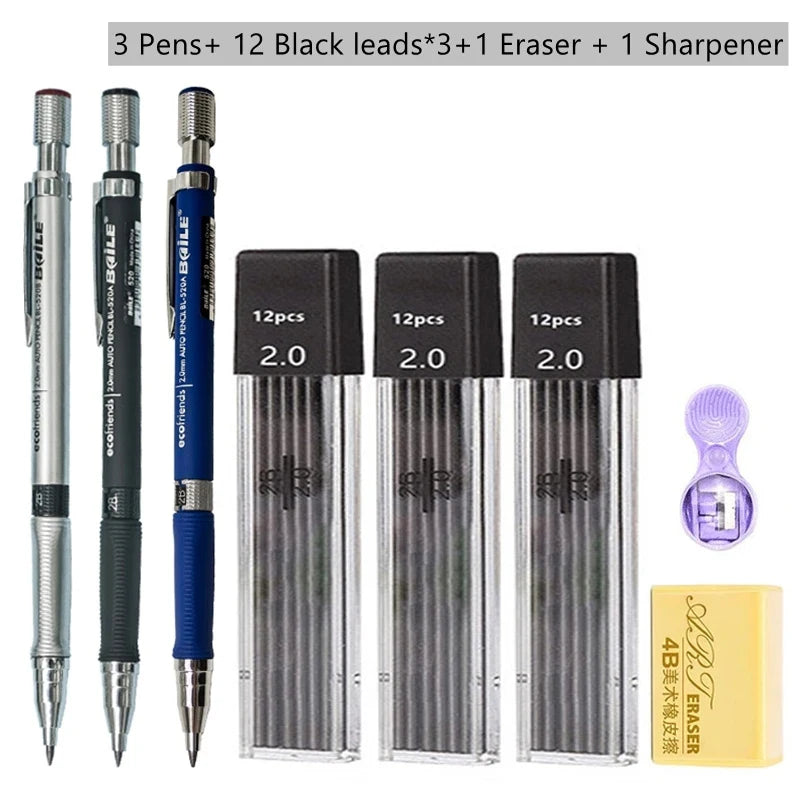 Mechanical Pencil Set 2.0 mm with 2B Black/Colors Lead Refill For Writing Sketching Art Drawing Painting School Automatic Pencil