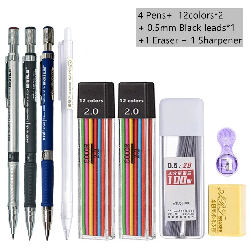 Mechanical Pencil Set 2.0 mm with 2B Black/Colors Lead Refill For Writing Sketching Art Drawing Painting School Automatic Pencil