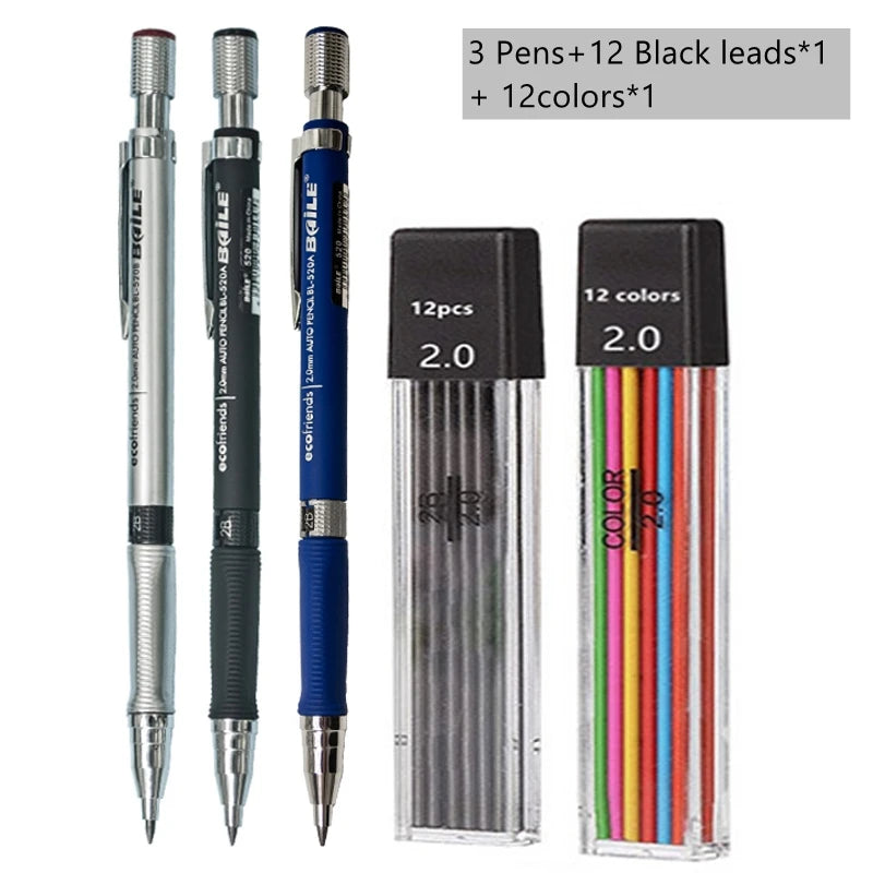 Mechanical Pencil Set 2.0 mm with 2B Black/Colors Lead Refill For Writing Sketching Art Drawing Painting School Automatic Pencil