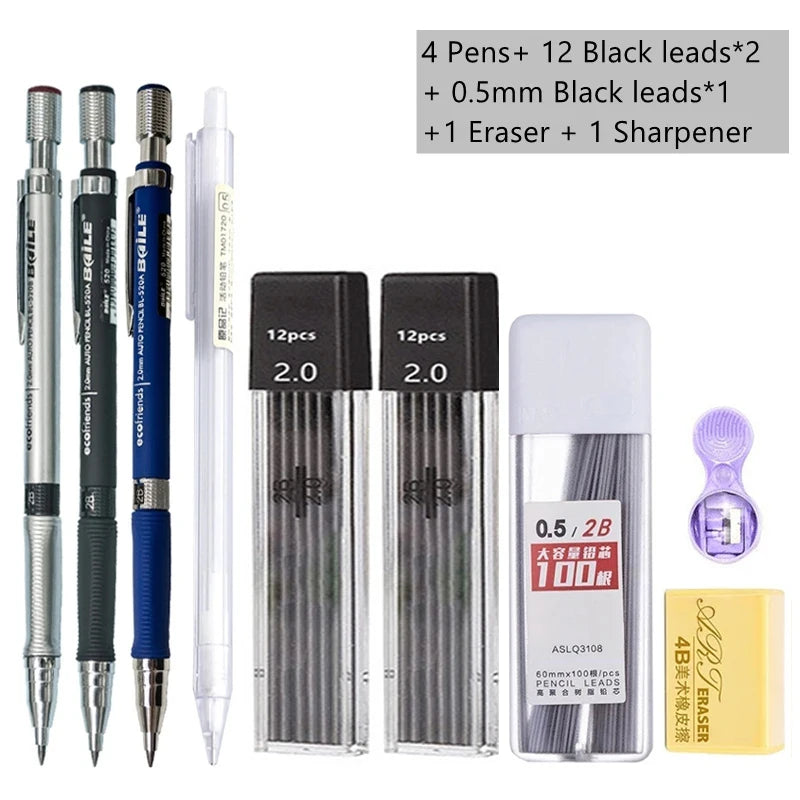 Mechanical Pencil Set 2.0 mm with 2B Black/Colors Lead Refill For Writing Sketching Art Drawing Painting School Automatic Pencil