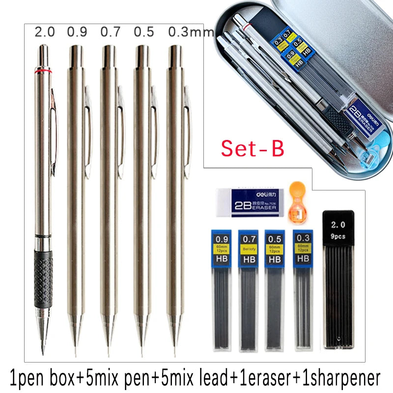 Metal Mechanical Pencil Set with Pen Box Lead Eraser Pencil Sharpener Set 0.3 0.5 0.7 0.9 1.3 2.0mm Art Sketch Automatic Pencil