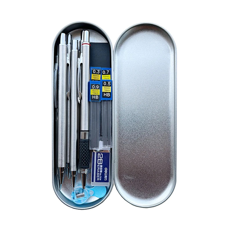 Metal Mechanical Pencil Set with Pen Box Lead Eraser Pencil Sharpener Set 0.3 0.5 0.7 0.9 1.3 2.0mm Art Sketch Automatic Pencil