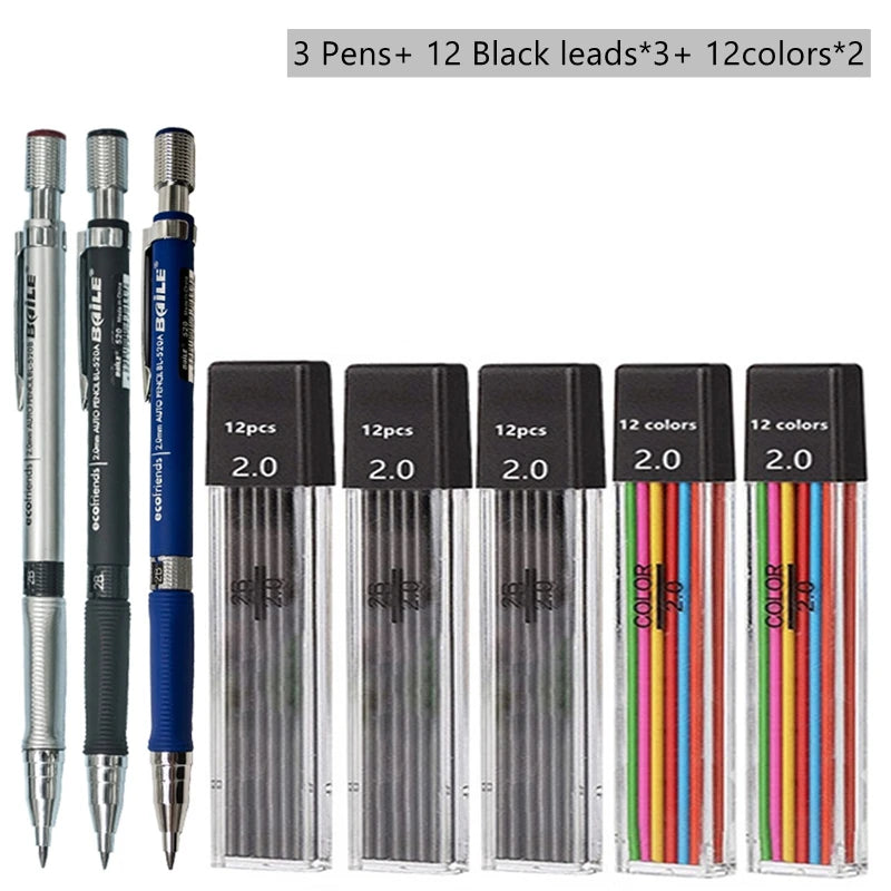 Mechanical Pencil Set 2.0 mm with 2B Black/Colors Lead Refill For Writing Sketching Art Drawing Painting School Automatic Pencil