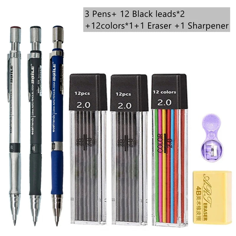 Mechanical Pencil Set 2.0 mm with 2B Black/Colors Lead Refill For Writing Sketching Art Drawing Painting School Automatic Pencil